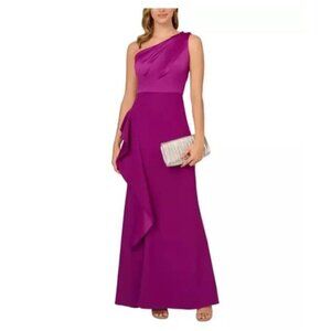Adrianna Papell Women’s Size 14 Purple One-Shoulder Satin-Trim Draped Gown $199